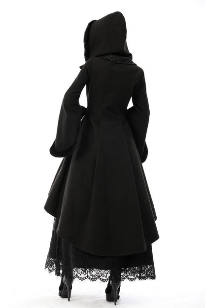 Black Lapel Collar Long Sleeves Women's Gothic High Low Woolen Dovetail Coat with Hood