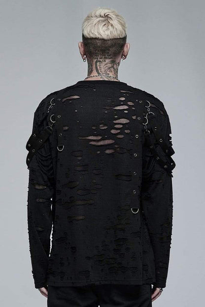 Black Gothic Broken Holes Knitted Fabric Stitching Metal Buckle Detachable Decorative Tape Long Sleeve Men's T-Shirt