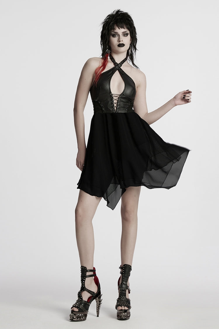 Black Halterneck Lace-Up Irregular Women's Punk Party Dress