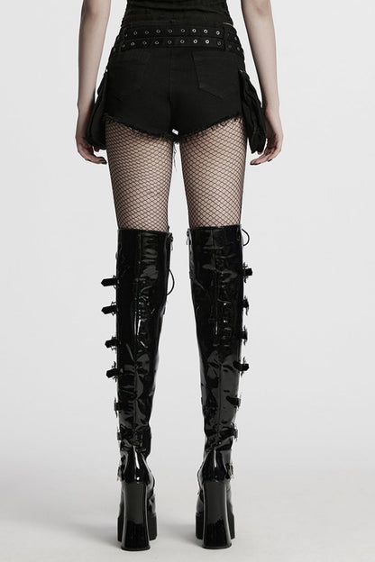 Black Lace-Up Women's Punk Denim Shorts with Detachable Pocket
