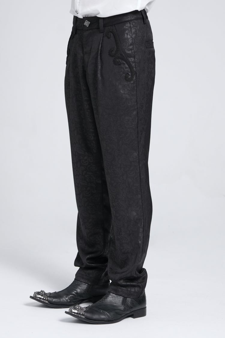 Black Floral Print Embroidery Men's Gothic Suit Pants