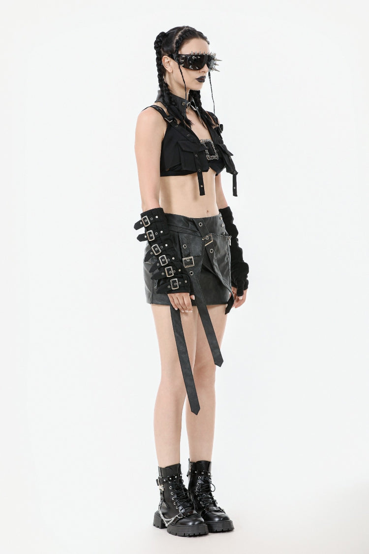 Black Halterneck Buckled Women's Punk Utility Vest