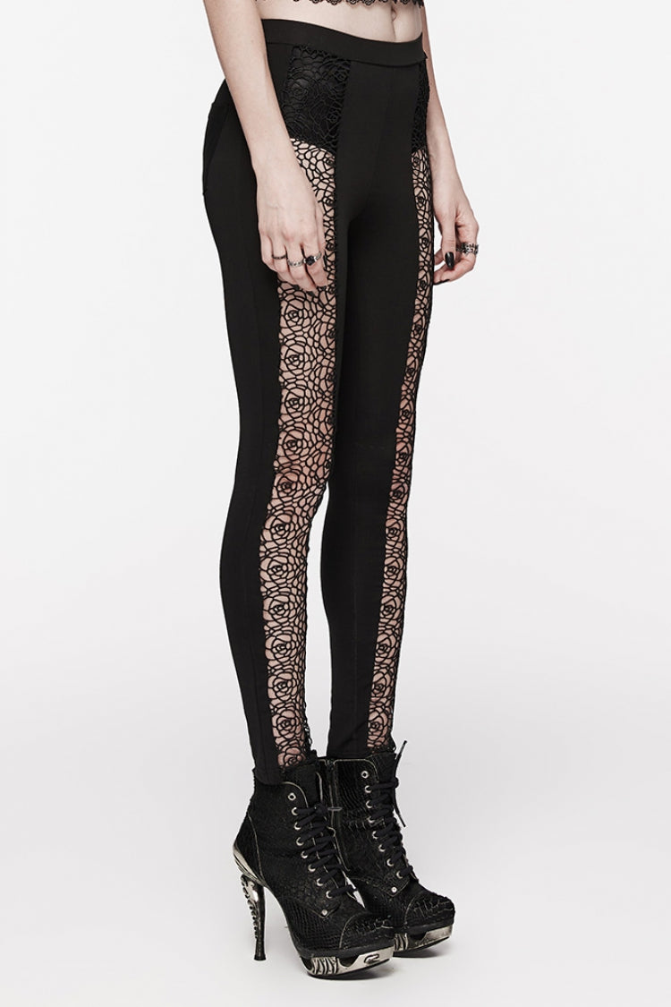 Black Floral Print Hollow Stitching Lace Slim Women's Gothic Leggings