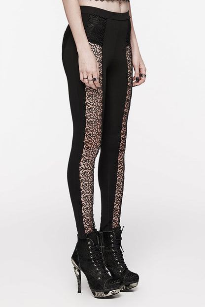 Black Floral Print Hollow Stitching Lace Slim Women's Gothic Leggings