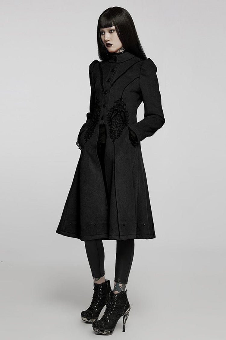Black Gothic Gorgeous Symmetric Appliqu¨¦ Detachable Big Fur Collar Loose Hem Long Women's Coat