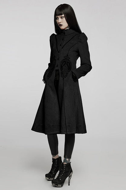 Black Gothic Gorgeous Symmetric Appliqu¨¦ Detachable Big Fur Collar Loose Hem Long Women's Coat