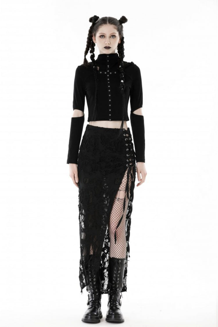 Black Metal Cross Eyelet Long Sleeves Cut-Out Women's Punk Crop Top with Ripped Hood