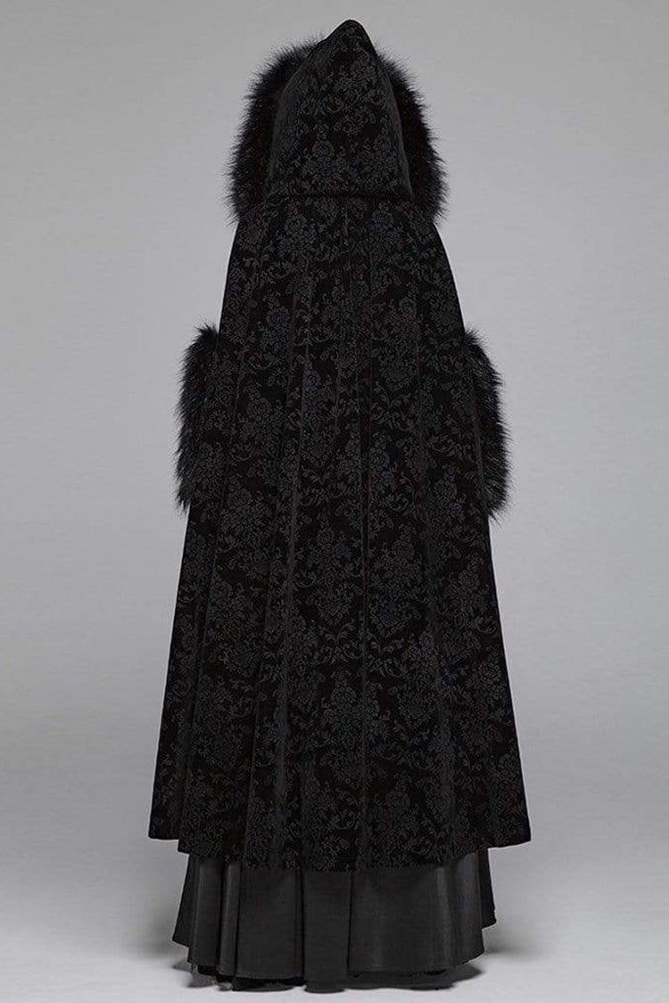 Black Fur Hood Front Fuzzy Ball Bandage Long Women's Gothic Cloak
