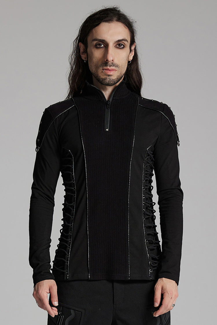 Black Long Sleeves Rivet Zipper Drawstring Men's Punk Blouse
