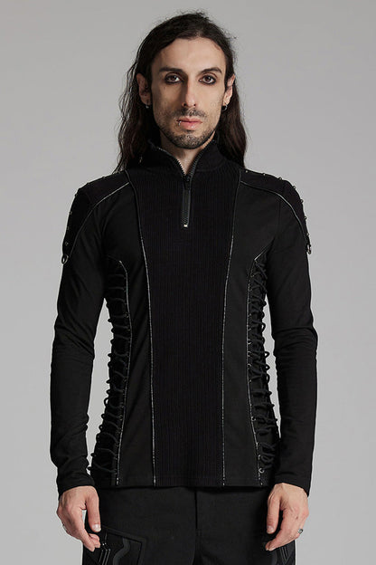 Black Long Sleeves Rivet Zipper Drawstring Men's Punk Blouse