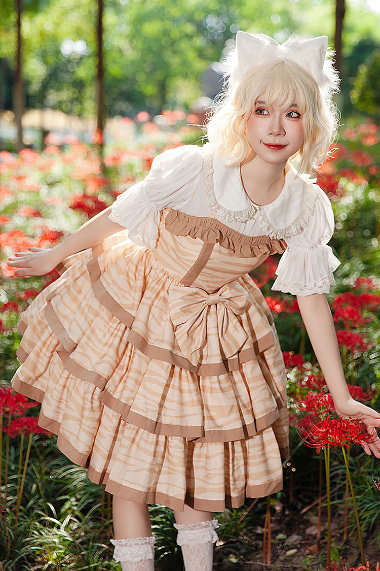 Apricot [Cloth Cat] Triple-Layered Print Ruffle Bowknot Sweet Lolita Dress
