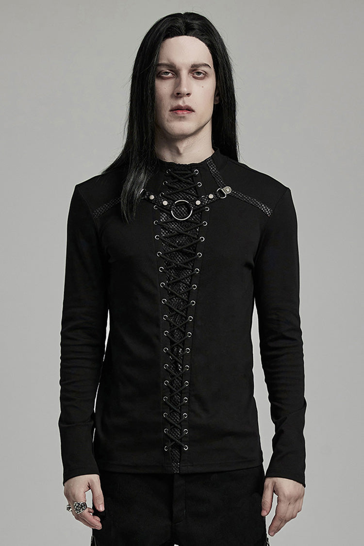 Black Long Sleeves Stitching Lace-Up Ripped Men's Punk Blouse