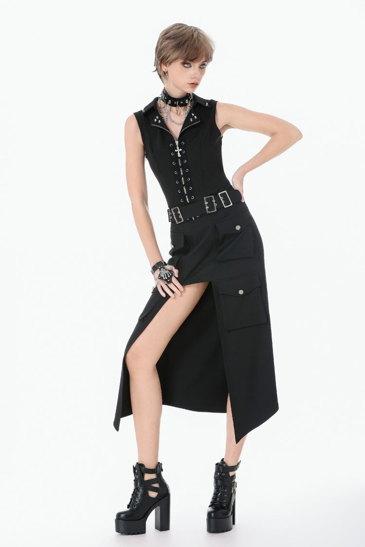 Black Lapel Collar Sleeveless Lace-Up Studded Zippered Eyelet Women's Punk Vest