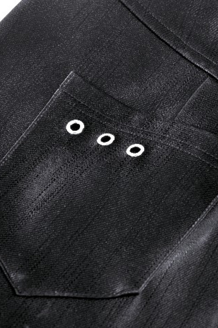 Black Leather Women's Punk Buckled Side Slit Irregular Hem Skirt