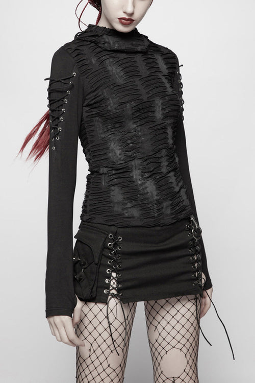 Black Broken Holes Arm DrawString Long Sleeve Hooded Knit Tight  Women's Gothic T-Shirt