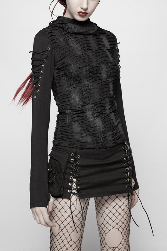 Black Broken Holes Arm DrawString Long Sleeve Hooded Knit Tight  Women's Gothic T-Shirt