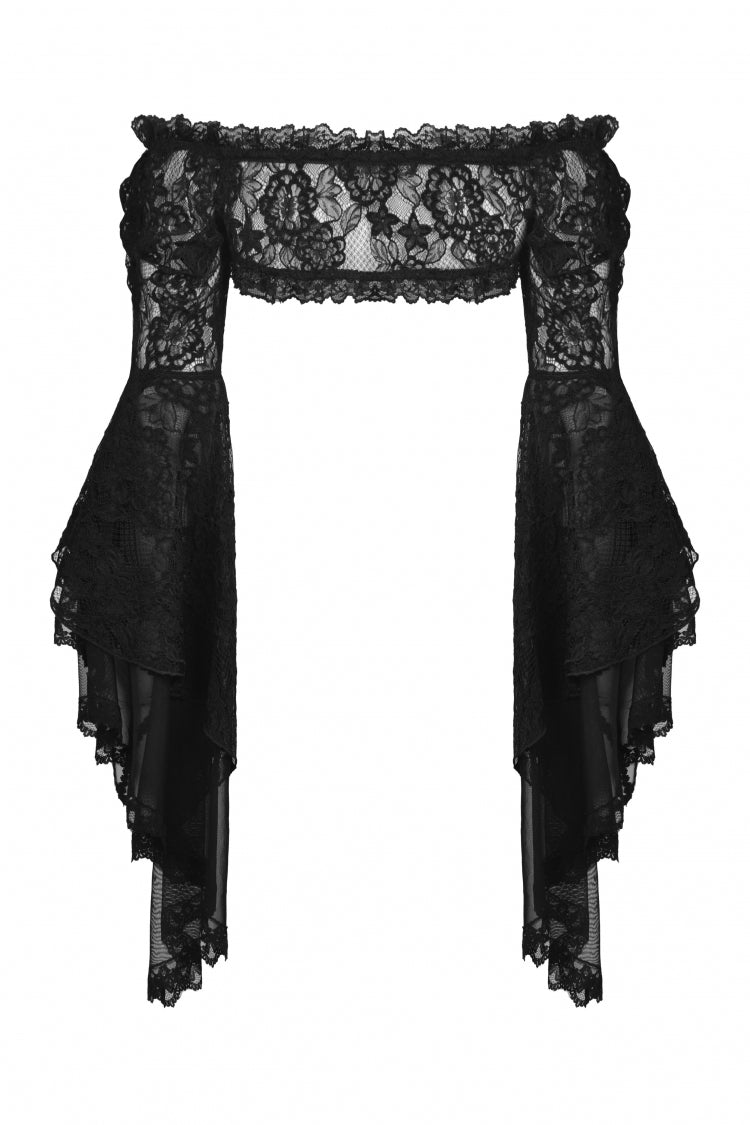 Black Off Shoulder Lace Long Trumpet Sleeves Floral Mesh Women's Gothic Cape