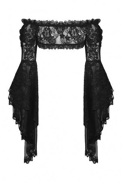 Black Off Shoulder Lace Long Trumpet Sleeves Floral Mesh Women's Gothic Cape