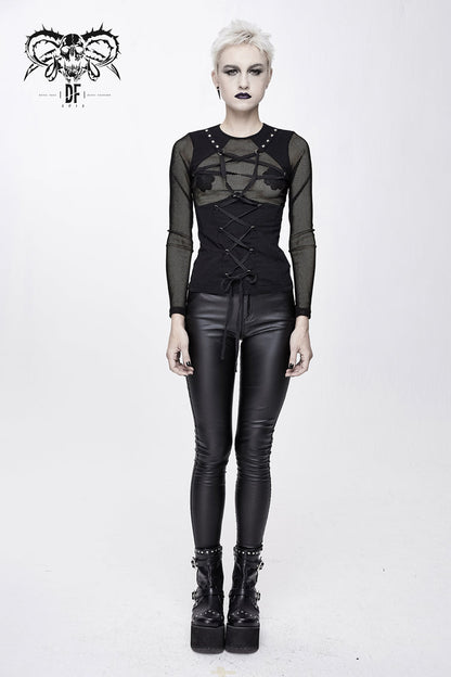 Black Chest Perspective Pentagram Lace Up Mesh Tight Women's Punk T-Shirt