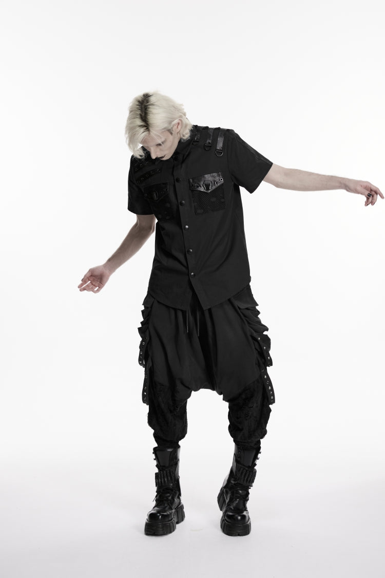 Black Lapel Collar Short Sleeves Cut-Out Spliced Men's Punk Shirt