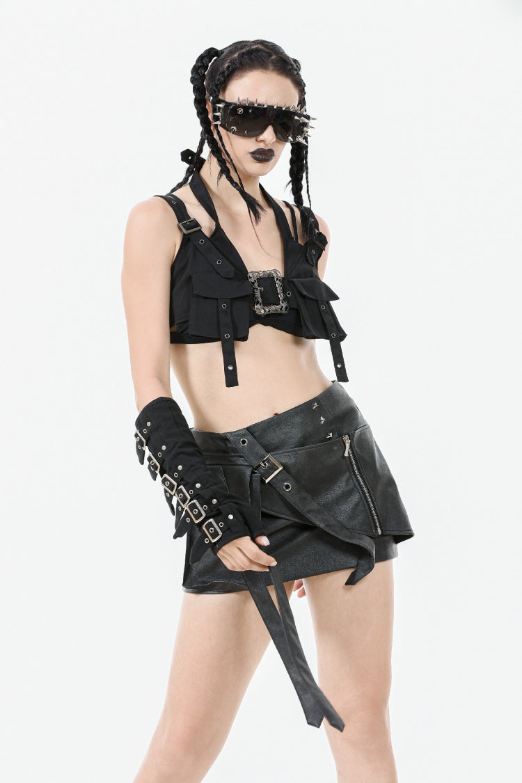 Black Halterneck Buckled Women's Punk Utility Vest