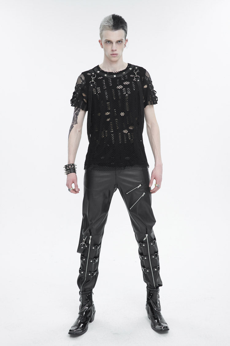 Black Half Hollow Shoulder Tie Design Men's Punk T-Shirt