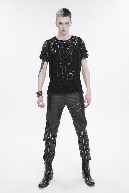 Black Half Hollow Shoulder Tie Design Men's Punk T-Shirt