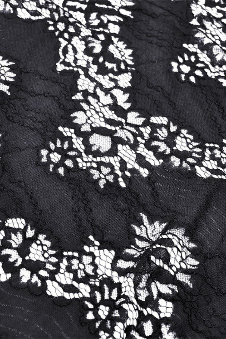 Black Off Shoulder Halterneck Ruffled Lace-Up Swallow Tail Floral Lace Women's Gothic Dress