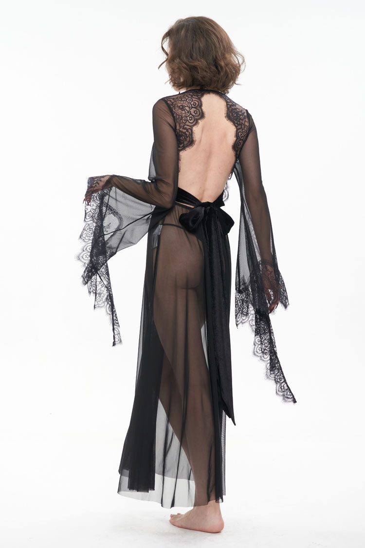 Black Perspective V-Neck Sexy Backless Lace Up Lace Flare Sleeve Women's Gothic Dress
