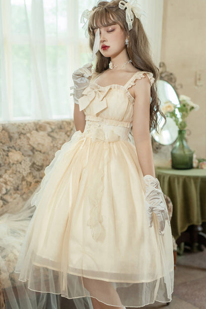 Beige Ruffled Strap Bow Sleeveless Sweet Lolita JSK Dress
