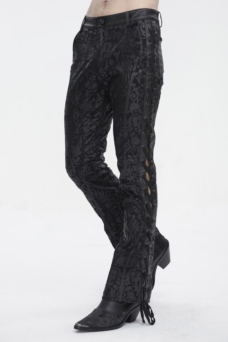 Black Lace Up Totem Printed Men's Punk Flared Pants