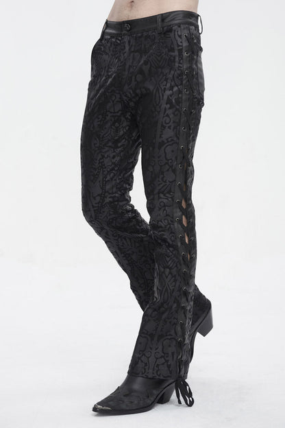 Black Lace Up Totem Printed Men's Punk Flared Pants