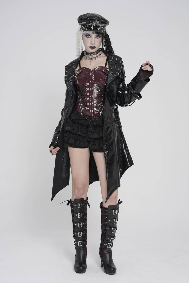 Black Lapel Collar Long Sleeves Lace-Up Irregular Eyelets & Rings Women's Punk Coat