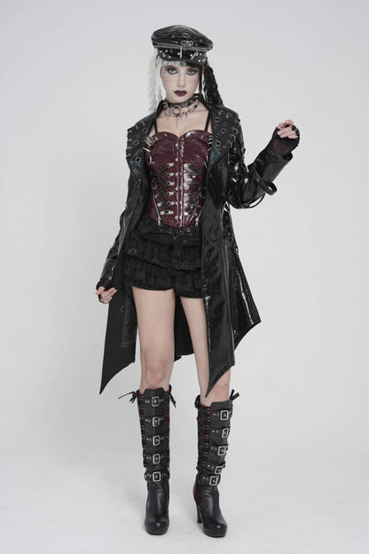 Black Lapel Collar Long Sleeves Lace-Up Irregular Eyelets & Rings Women's Punk Coat