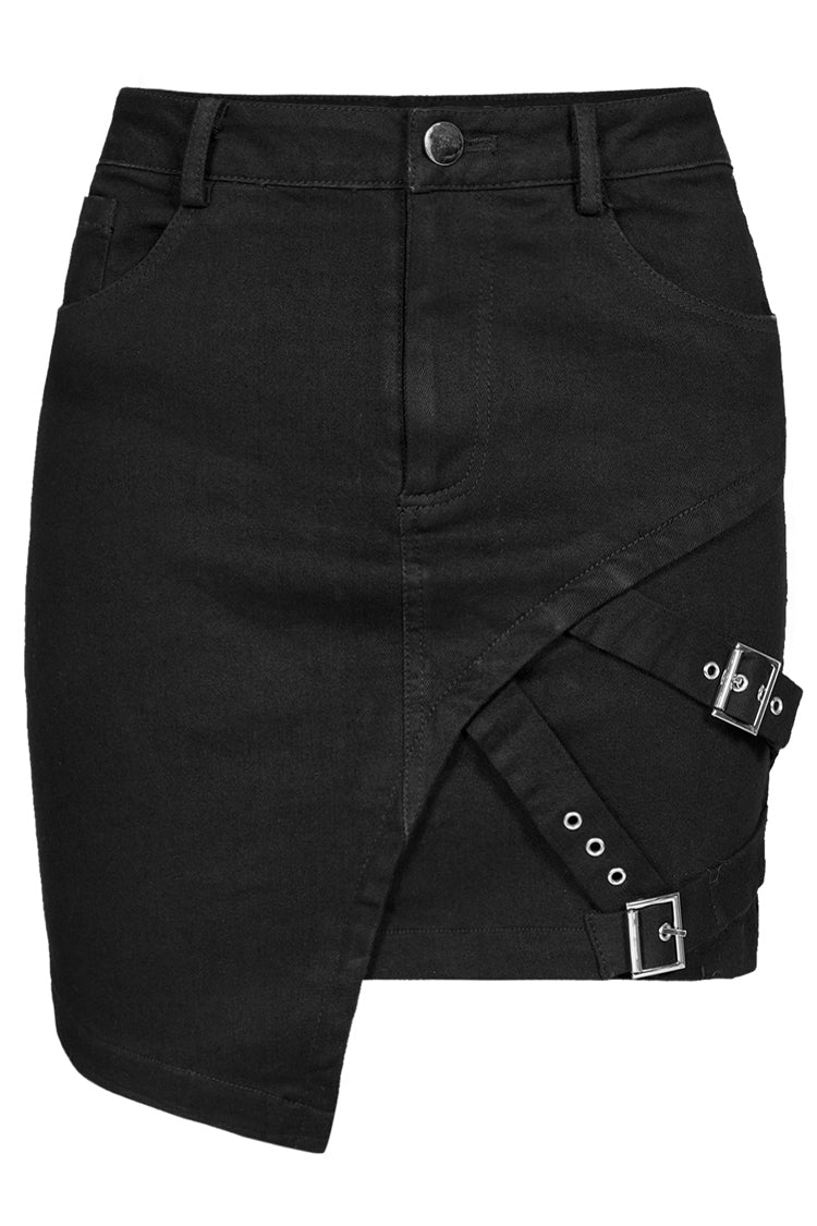 Black Metal Slant Buckle Loop Decoration Irregular Hem Denim Women's Punk Skirt