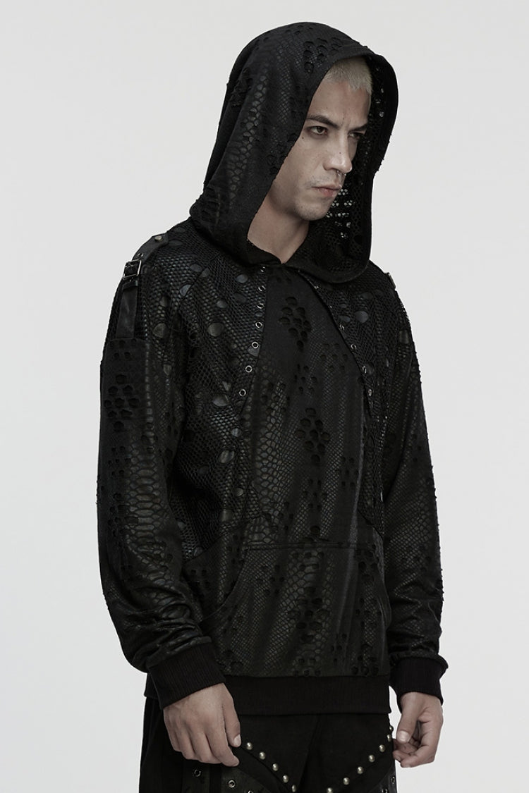 Black Long Sleeves Hooded Ripped Eyelets Men's Punk Coat