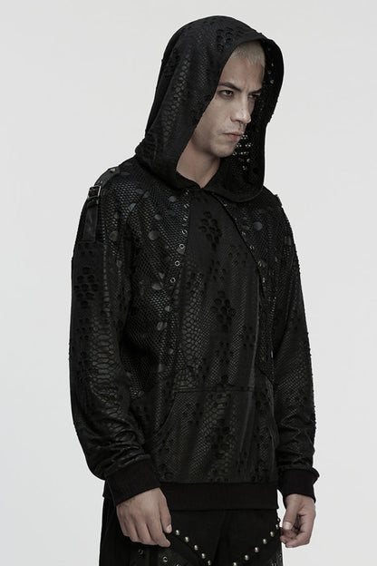 Black Long Sleeves Hooded Ripped Eyelets Men's Punk Coat