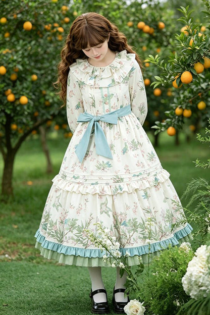 Apricot Round Collar Long Sleeves Double-Layered Floral Bird Printed Ruffled Bow Sweet Plus Size Lolita Dress