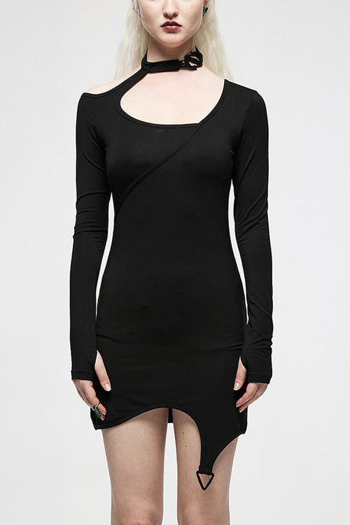 Black Halterneck Slim Asymmetric Women's Punk Dress
