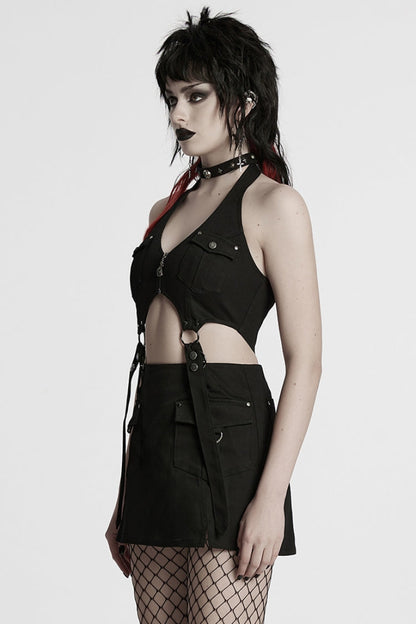 Black Halterneck Women's Punk Tank Top with Skirt Set