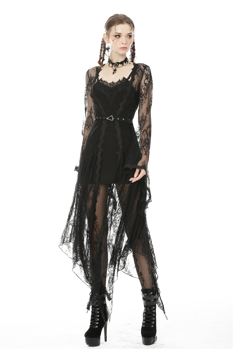 Black Long Trumpet Sleeves Sheer Floral Lace Women's Gothic Maxi Cloak with Belts