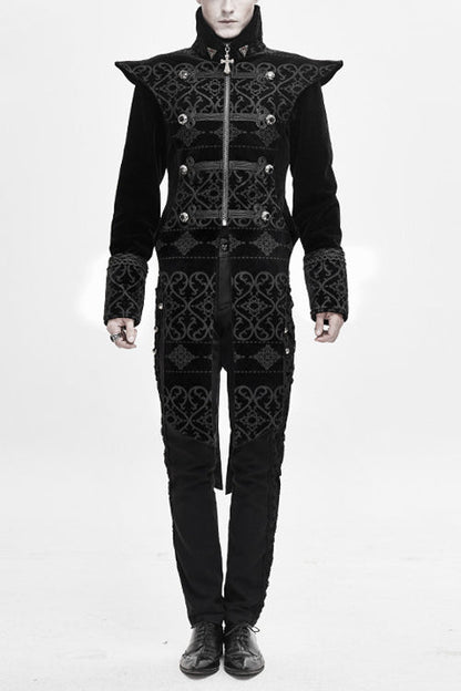 Black High Collar Chinese Palace Floral Pattern Velvet Long Mens Gothic Coat