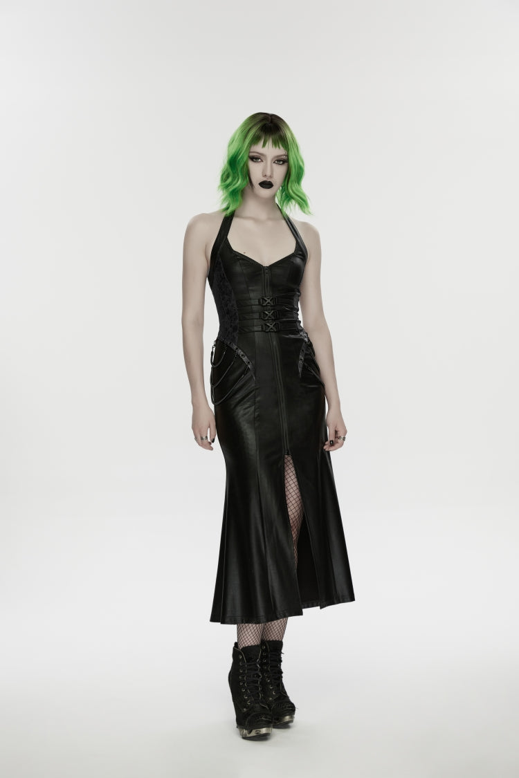 Black Halterneck Sleeveless Lace-Up Slim Buckled Women's Punk Dress