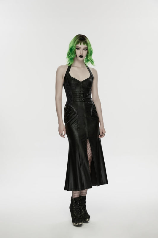 Black Halterneck Sleeveless Lace-Up Slim Buckled Women's Punk Dress