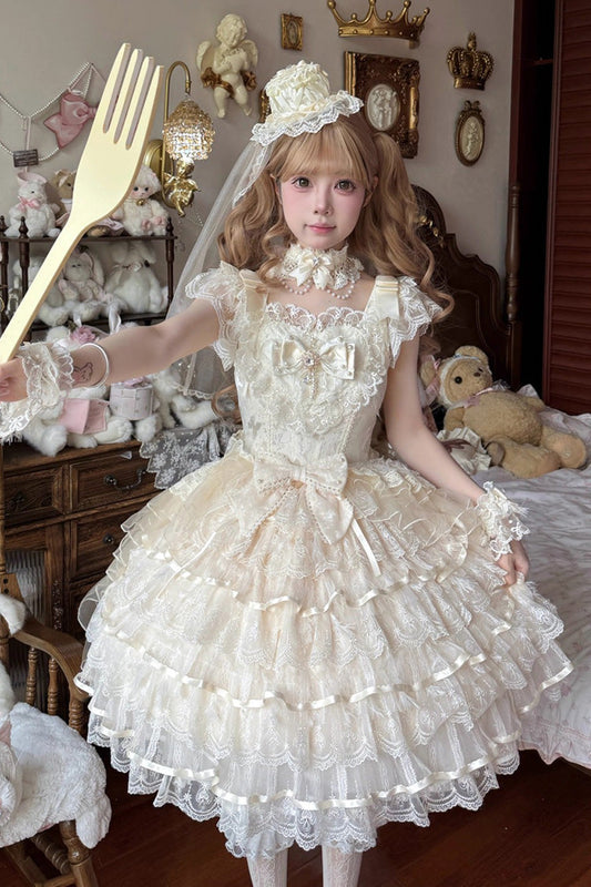 Apricot [Ballad of Feathers] Sleeveless Multi-Layered Ruffle Hanayome Bowknot Sweet Lolita Jsk Dress