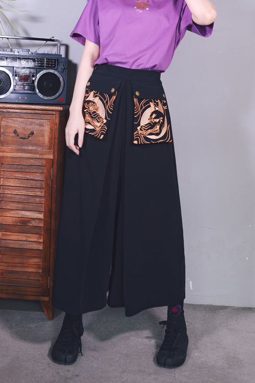 Black Mysterious Demons Embroidered Ouji Lolita Wide Leg Trousers