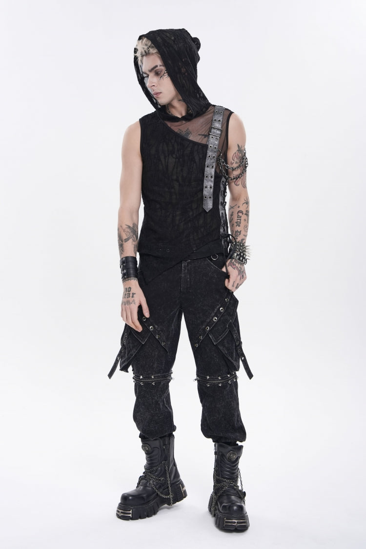 Black Hooded Sheer Asymmetric Chain-Decorated Men's Punk Hooded Vest