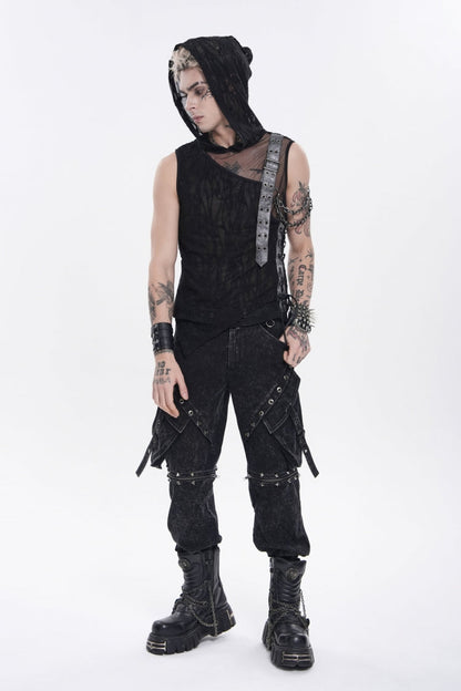 Black Hooded Sheer Asymmetric Chain-Decorated Men's Punk Hooded Vest