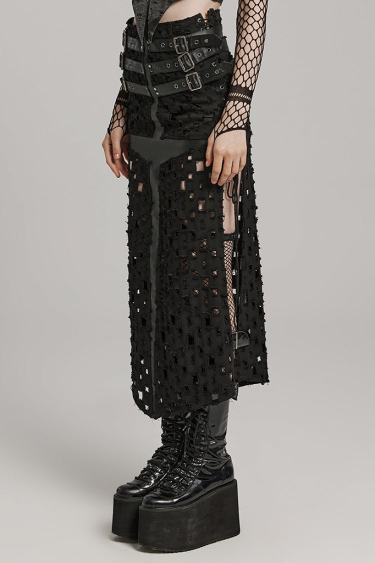 Black Hollow Cross-Taped Stitching Lace-Up Ripped Women's Steampunk Skirt