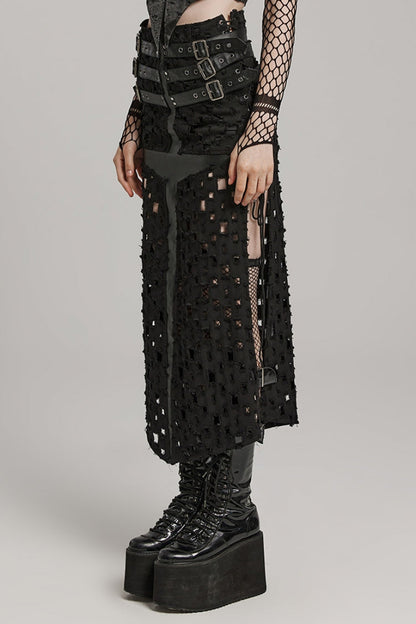 Black Hollow Cross-Taped Stitching Lace-Up Ripped Women's Steampunk Skirt